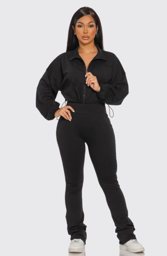 Cropped Zip Up and High Waist Jogger Set