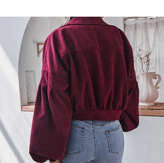 Trendy Lantern Sleeve Corduroy Jacket