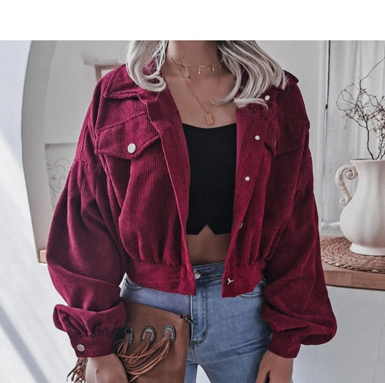 Trendy Lantern Sleeve Corduroy Jacket